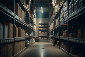 Fototapeta premium warehouse facility with tall shelves storage made with Generative AI