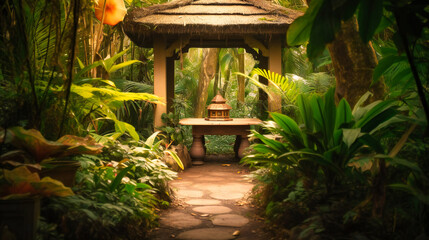 A mesmerizing image of a cozy meditation nook, surrounded by lush greenery for a restorative summer retreat