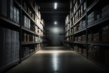 warehouse facility with tall shelves storage made with Generative AI