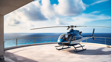 A striking image of a sophisticated helicopter perched on a private helipad, highlighting the epitome of summer luxury - obrazy, fototapety, plakaty