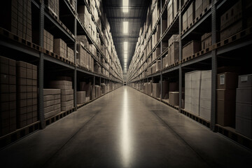 Fototapeta premium warehouse facility with tall shelves storage made with Generative AI
