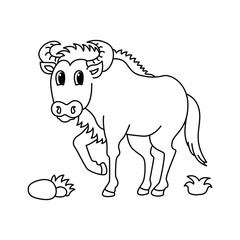 Funny wildebeest cartoon characters vector illustration. For kids coloring book.