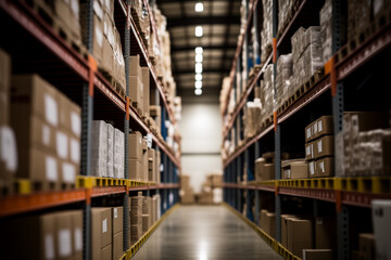 Fototapeta premium warehouse facility with tall shelves storage made with Generative AI