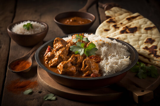 Chicken tikka masala spicy curry meat food in a clay plate with rice and naan made with Generative AI