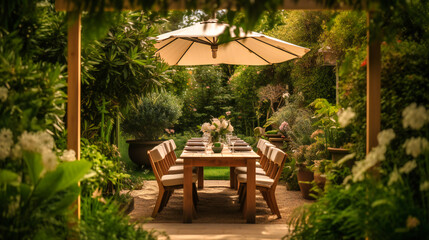 Obraz premium A refined image of an enchanting outdoor dining area, providing a charming and elegant setting for a memorable summer evening