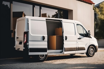 EV minibus for removing, uploaded with boxes with open side door at house Generative AI