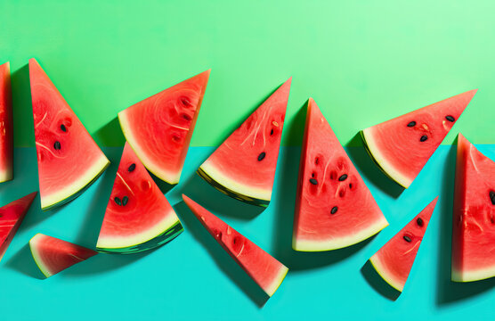 Slices of watermelon on a green and blue background,. Generative AI