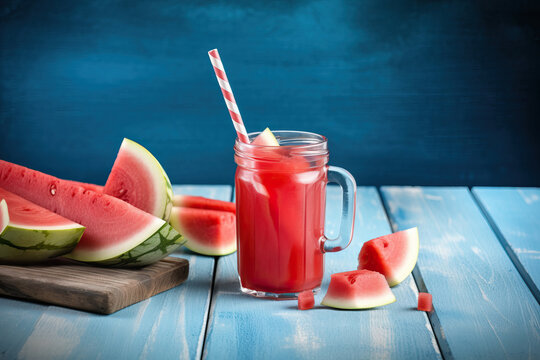 Watermelon juice surrounded by watermelon slices. Generative AI