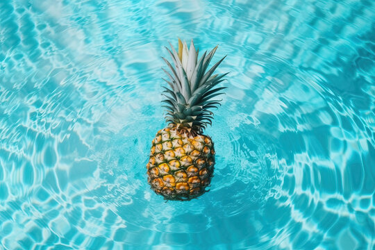 A pineapple floating on the water of a pool. Generative AI
