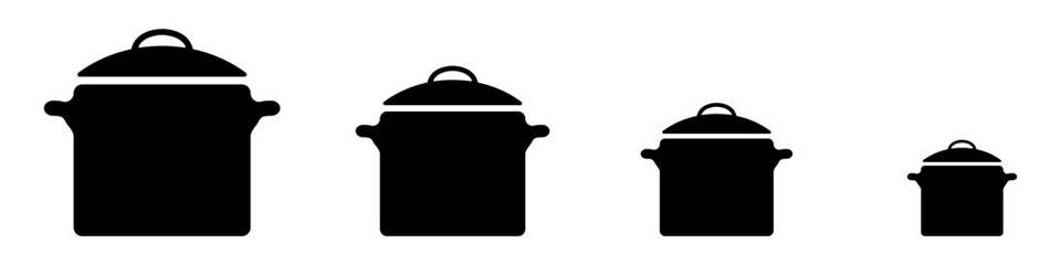 Pans vector set. Set of containers for the kitchen vector. Boiling containers vector. Steaming vector. Icons of kitchen jugs. Pots for baking.