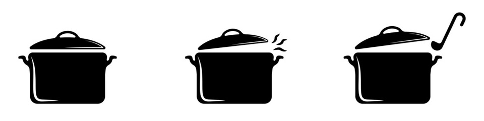 Pans vector icon set. Kitchen containers for cooking. Boiling pot vector. Appliances for boiling. A stylish set of jugs for cooking.