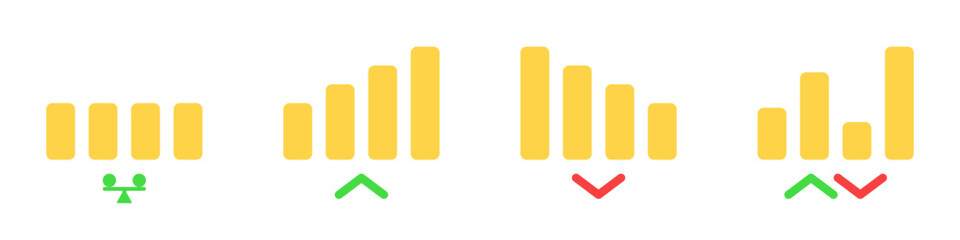 Arrow growth and fall vector icon set. Modern graphs of trading on stock exchanges vector. Bankruptcy and default vector. International investment concept. Arrows up and down vector.