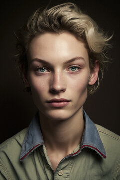 Generative AI illustration portrait of transgender serious man with blond hair looking at camera in dark background