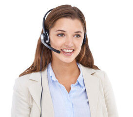 Woman, call center agent and smile isolated on png or transparent background, CRM and contact us....