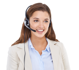 Woman, call center agent and smile isolated on png or transparent background, CRM and contact us. Customer service consultant, telemarketing sales job and happy female with headset and help desk