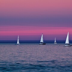 Fototapeta premium Sailboats after Sunset - generative AI
