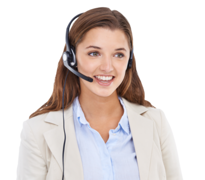 Woman, call center agent and smile isolated on png or transparent background, CRM and contact us. Customer service consultant, telemarketing sales job and happy female with headset and help desk