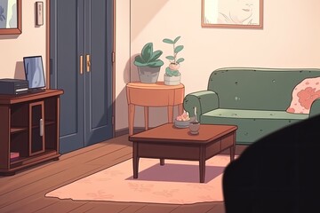 An empty white table is put inside with a blue recliner. Generative AI