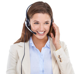 Happy woman, call center consultant and smile isolated on png or transparent background, CRM and...