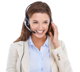 Happy woman, call center consultant and smile isolated on png or transparent background, CRM and contact us. Customer service agent, telemarketing sales job and female with headset and help desk