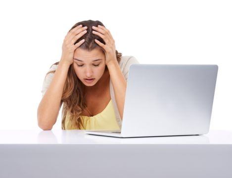 Tired, stress and a woman with burnout from work isolated on a transparent png background. Sad, anxiety and an employee sitting looking stressed, overworked and frustrated with a laptop glitch