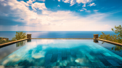 Fototapeta na wymiar A stunning image of a luxurious infinity pool, masterfully blending with the ocean's horizon for the ultimate summer escape