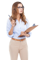 Professional woman with clipboard, thinking with checklist or survey questionnaire isolated on...