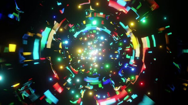 A stream of colorful particles flies through the cosmic web VJ loop 3d render. Background for night club, disco, dance show or rave
