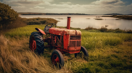 Old tractor in the field, Generative AI