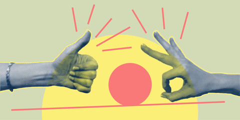 Trendy collage with hand gestures, cutout shapes Symbol win, like, punk. Grunge halftone retro banner poster design. Concept of protest, confrontation, struggle, strike, victory. Vector illustration