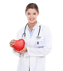 Healthcare, cardiology and portrait of happy woman with heart icon isolated on transparent, png background. Female doctor with smile, red love emoji and happiness in health care or medical support.