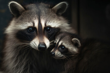 Mother raccoon with little raccoon. Generative AI.