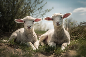 Obraz na płótnie Canvas Two cute lamb. Generative AI.