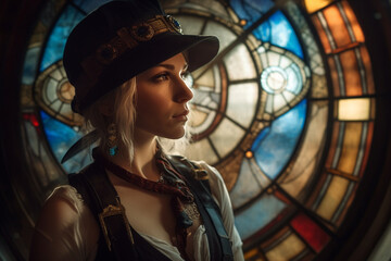 Obraz na płótnie Canvas Steampunk woman stood in front of a stained glass window