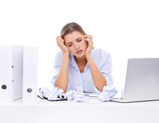 Depression, stress and business woman with paper mistake and laptop on isolated, transparent and png background. Anxiety, crisis and female office worker sad, stressed and unhappy with deadline
