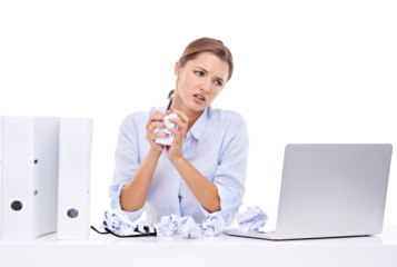 Stress, laptop and crumpled paper by business woman mistake on isolated, transparent or png background. Compliance, form or frustrated female office worker and anxiety for deadline, proposal and fail
