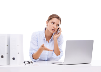Stress, phone call and business woman frustrated on laptop on isolated, transparent and png background. Work, conflict and female office professional annoyed with internet, delay or 404 online glitch