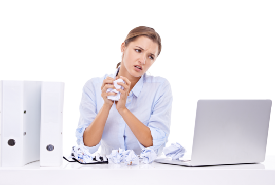 Stress, laptop and crumpled paper by business woman mistake on isolated, transparent or png background. Compliance, form or frustrated female office worker and anxiety for deadline, proposal and fail