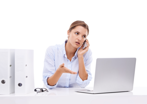 Stress, phone call and business woman frustrated on laptop on isolated, transparent and png background. Work, conflict and female office professional annoyed with internet, delay or 404 online glitch - Powered by Adobe