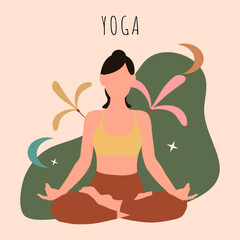 A girl with brown hair doing yoga pilates fitness in lotus pose with flowers leaves stars in yellow top and brown leggings on green background for apps webs posters