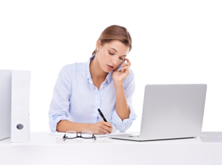 Corporate planning, phone call and business woman networking isolated on transparent png background. Talking, laptop and a secretary with administration, schedule and agenda with mobile conversation