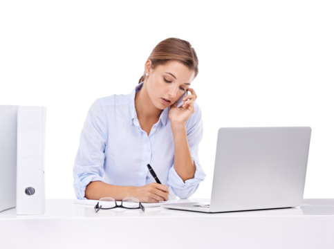 Corporate planning, phone call and business woman networking isolated on transparent png background. Talking, laptop and a secretary with administration, schedule and agenda with mobile conversation
