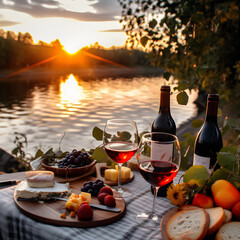 Still life with wine and cheese. Illustration. Ai generation.