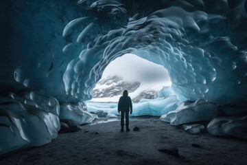 silhouette of a person in a cave of ice created with Generative AI technology