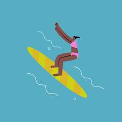 A black girl is standing on a surfboard. Vector illustration in a flat style.