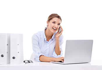 Phone call, laptop and woman isolated on transparent, png background in business communication,...