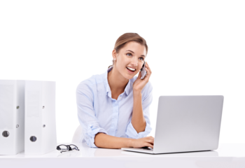 Phone call, laptop and woman isolated on transparent, png background in business communication, typing and chat. Happy vision of professional person or secretary talk online, computer and office desk