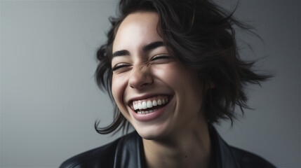 portrait of young woman with dark hair laughing showing teeth happy in front of background, generative ai, illustration