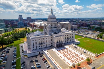 Fototapeta na wymiar Aerial view of Rhode Island State House and Providence cityscape under blue cloudy sky
