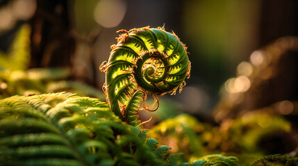 A captivating close-up of a gracefully unfurling fern amidst dappled sunlight in a summer forest - obrazy, fototapety, plakaty